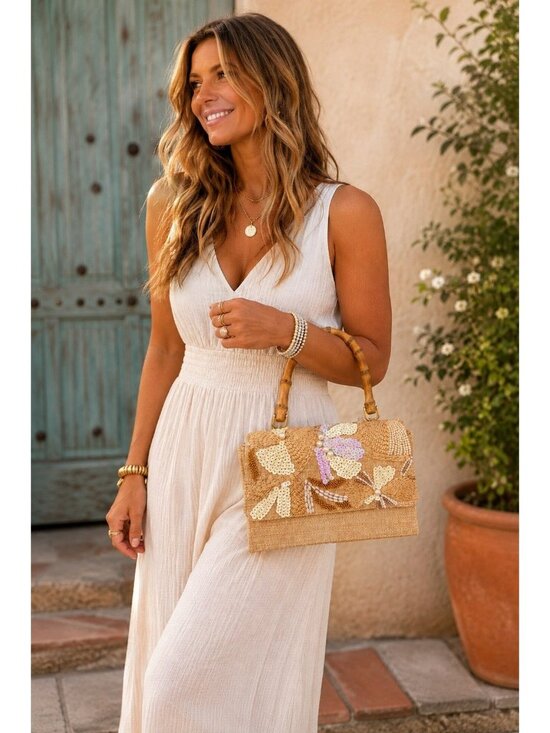 Haute Hippie Handbags - New With Tags HAUTE HIPPIE Small Boho Beaded Sequin Natural Linen Purse Clutch